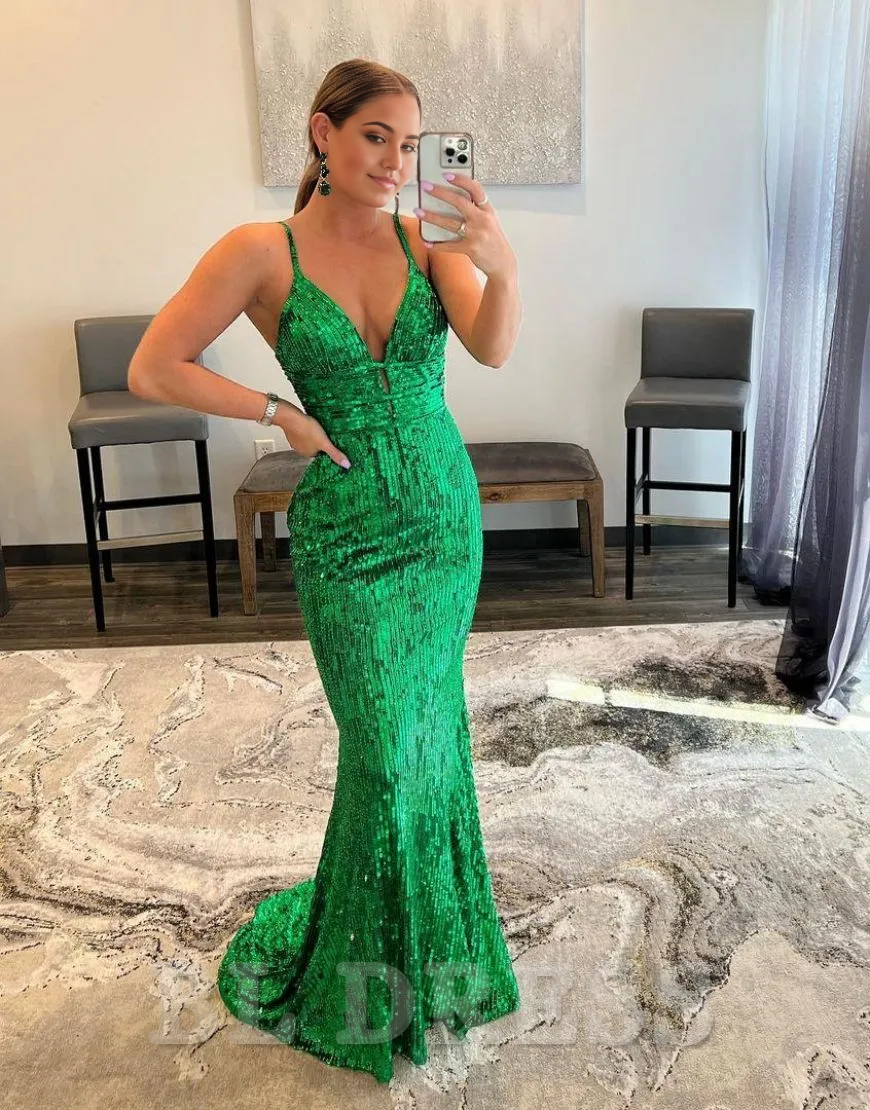 Mermaid Spaghetti straps Glitter Sequin formal dresses evening gown Prom Dress