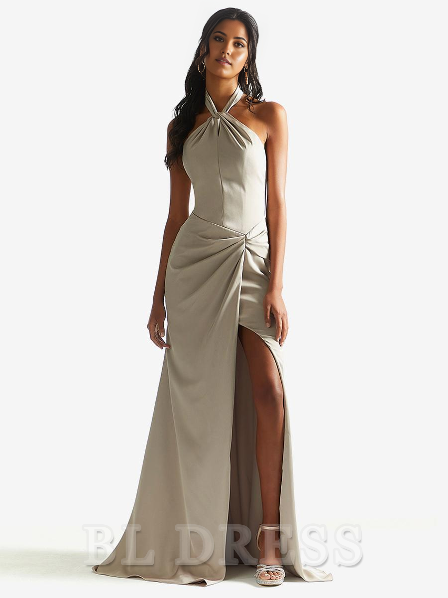 Sheath Halter Floor-Length Satin formal dresses evening gown Prom Dress With Side Slit