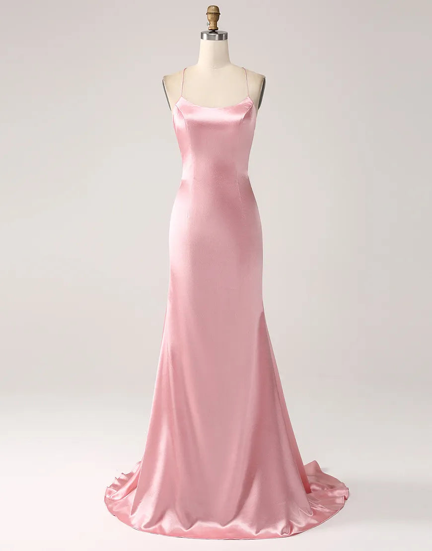 Mermaid Spaghetti Straps Satin Lace-Up Blush Long formal dresses evening gown Prom Dress