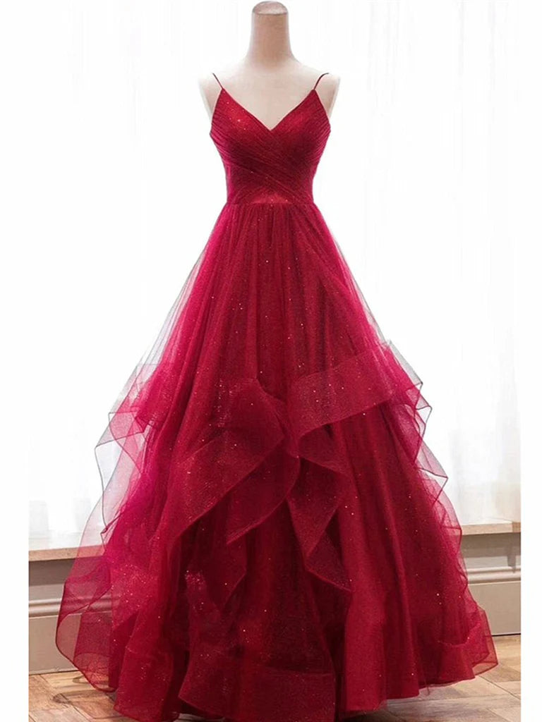 A-line V Neck Backless Prom Dresses Formal Evening Dresses