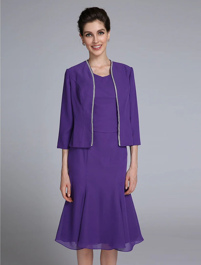 Mermaid / Trumpet Mother of the Bride Dress V Neck Knee Length Chiffon 3/4 Length Sleeve No with Beading