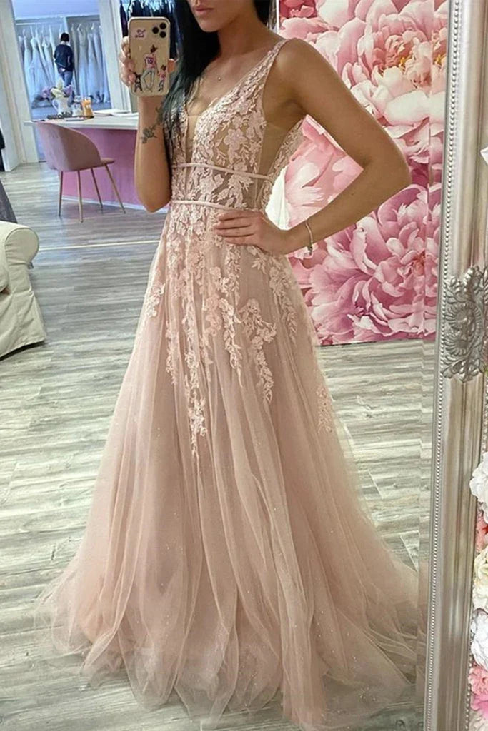 A-Line V-Neck Lace Applique Long Ball Gown
