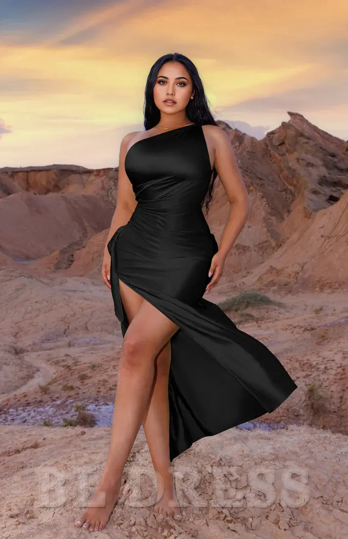 Plus Size Sheath One Shoulder Satin Sexy High Split formal dresses evening gown Prom Dress