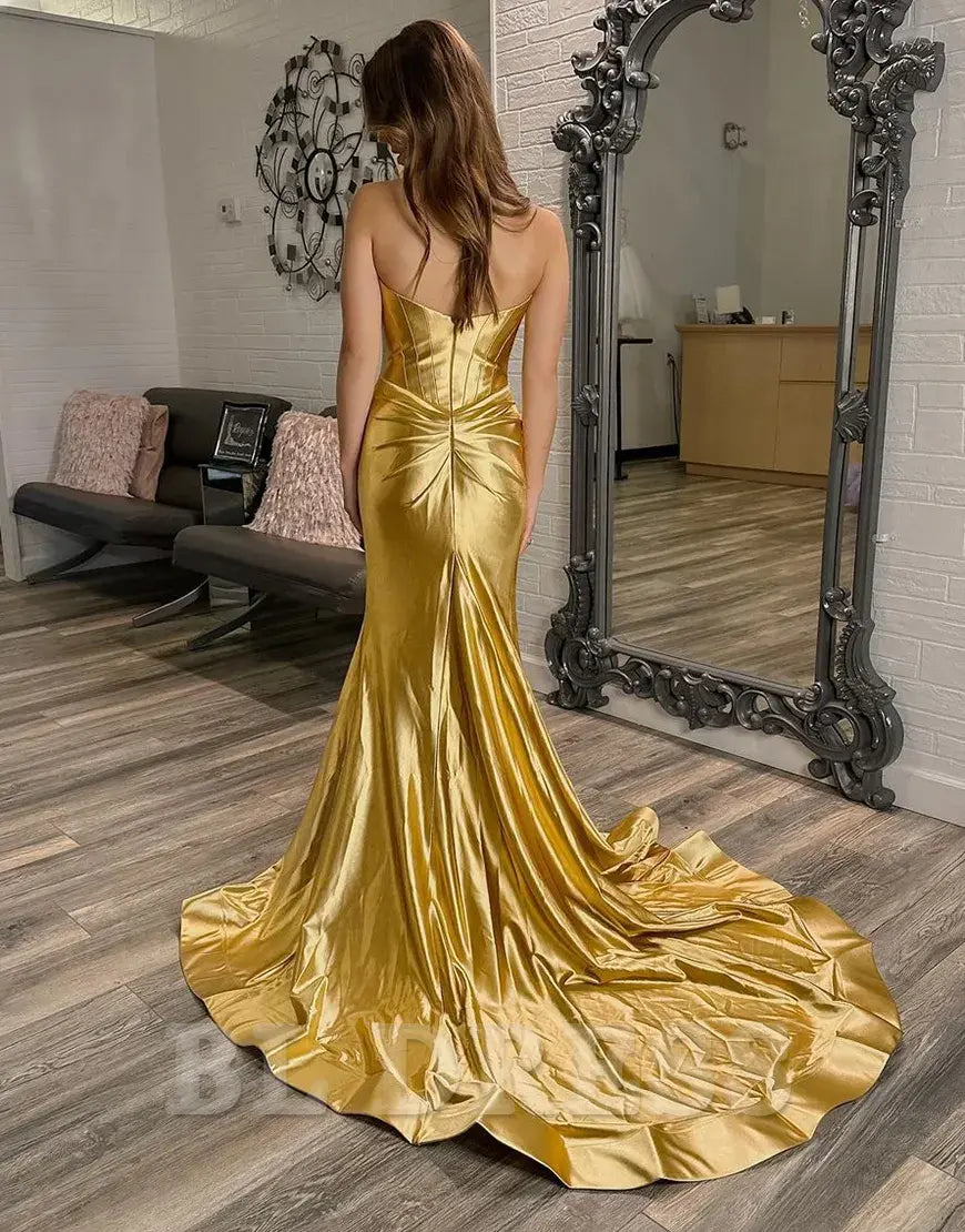 Mermaid Sparkly Sweetheart Long Golden formal dresses evening gown Prom Dress With Slit