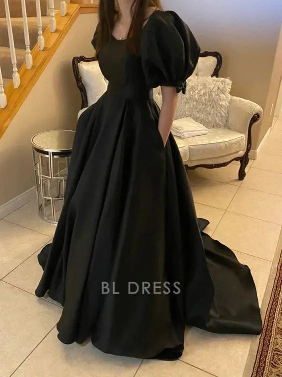 A-line Elegant puff sleeve black formal dresses Bridesmaid Dresses evening gown Prom Dress