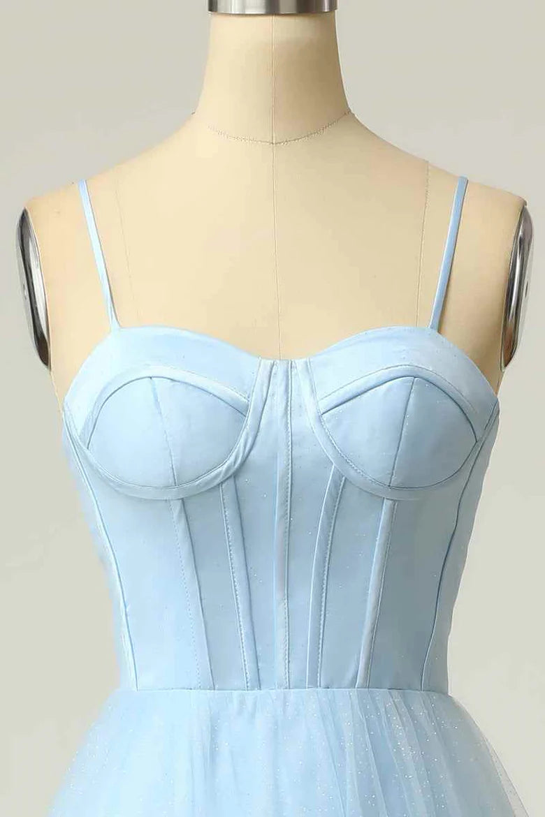 A-line Spaghetti Straps Tulle Long Prom Dress