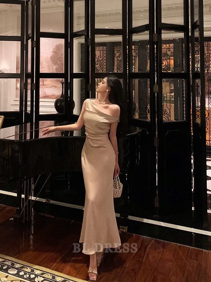 Mermaid One Shoulder Satin Champagne formal dresses Bridesmaid Dresses evening gown Prom Dress