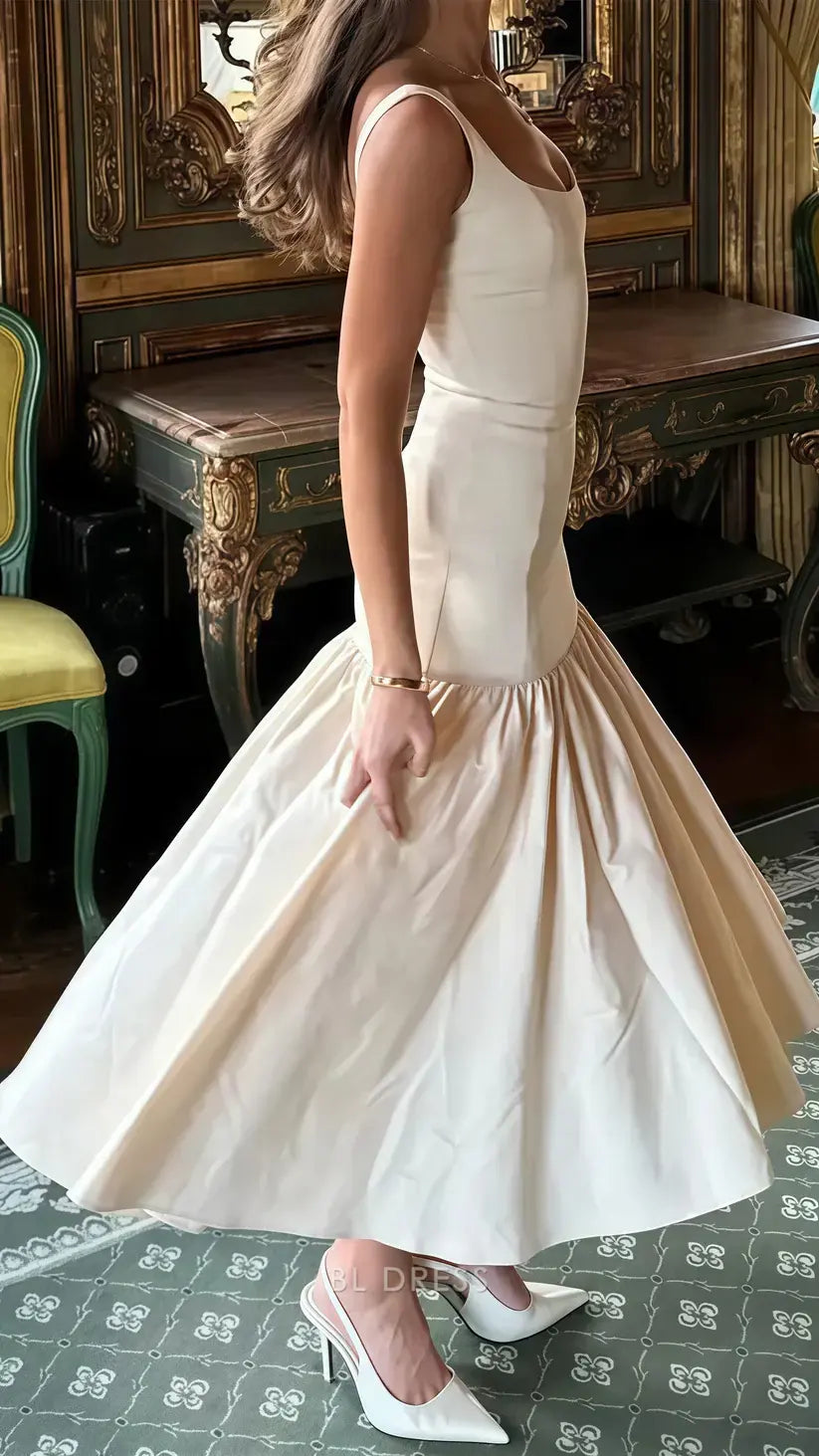 Mermaid Crew Neck Pretty Satin Ivory formal dresses Bridesmaid Dresses evening gown Prom Dress