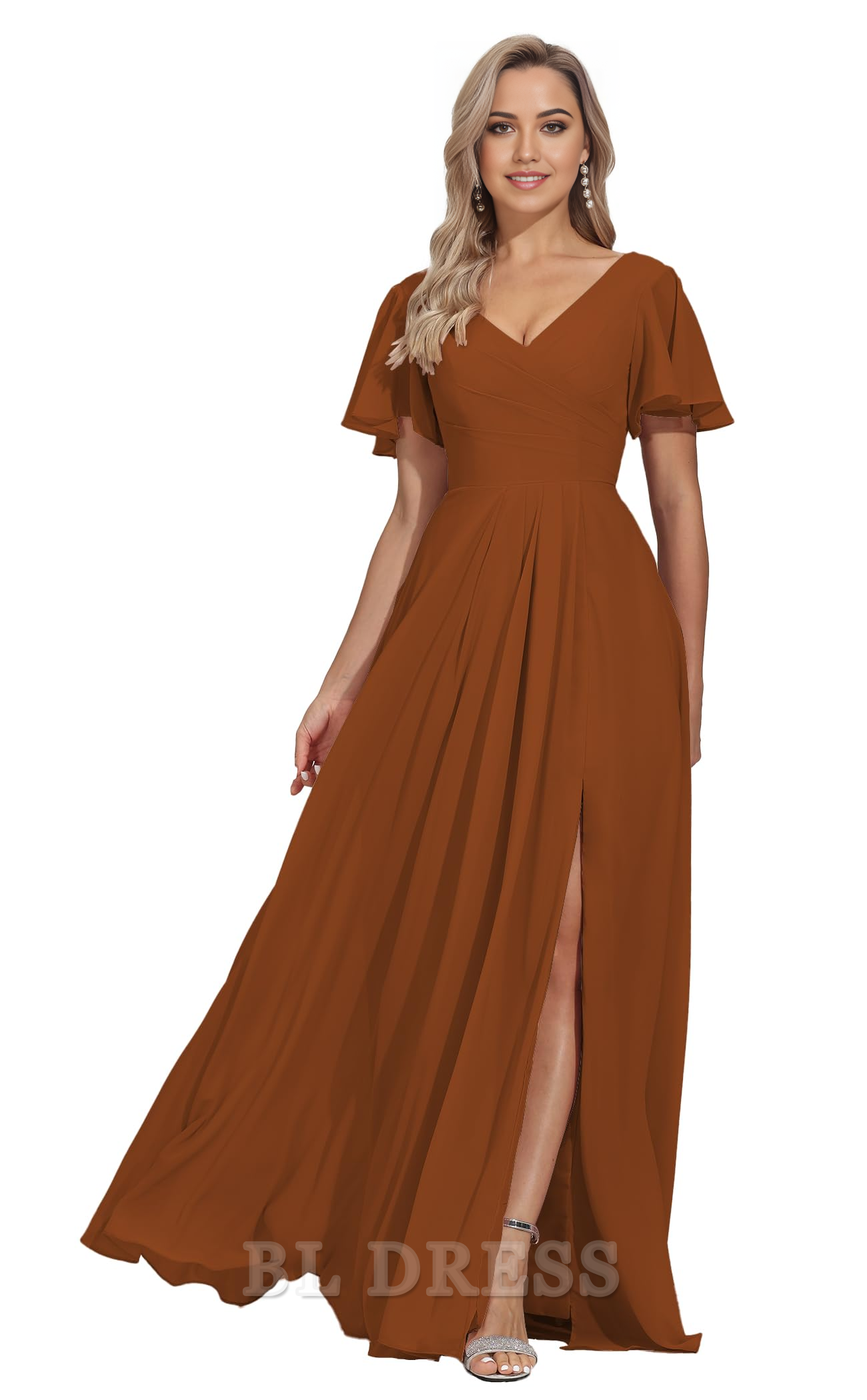 A-Linie V-Ausschnitt Kurze Ärmel Chiffon Plissee Abendkleider Brautjungfernkleider Abendkleid Ballkleid mit Schlitz