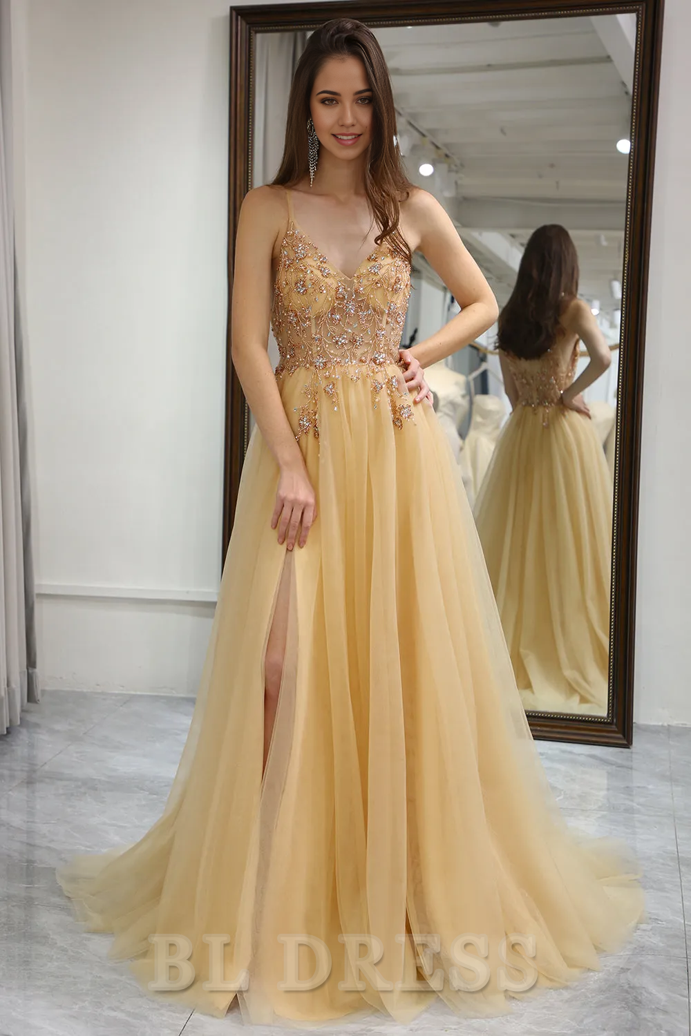 A-Line Sparkly Spaghetti Straps Long Tulle Gold formal dresses evening gown Prom Party Dress With Split