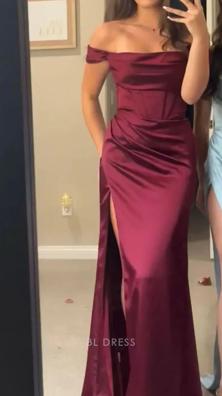 Mermaid Off The Shoulder Satin Slit Burgundy formal dresses Bridesmaid Dresses evening gown Prom Dress