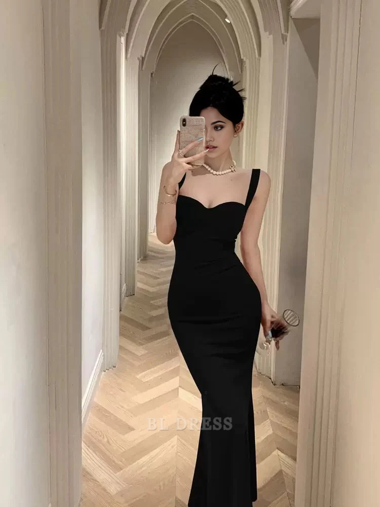 Mermaid Sweetheart Straps Black Satin Long formal dresses Bridesmaid Dresses evening gown Prom Dress