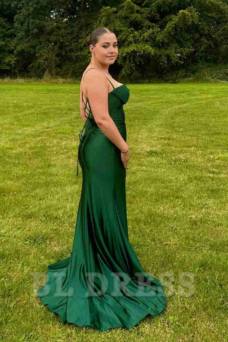 Mermaid Spaghetti Straps Pleated Satin Sleeveless Long formal dresses evening gown Prom Dress