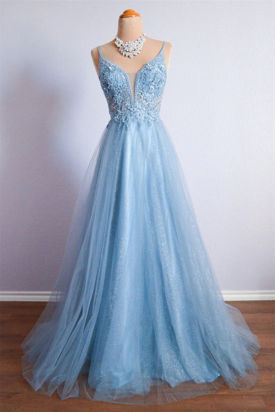 A-line V Neckline Spaghetti Strap Sheer Beaded Lace Long Prom Dresses Formal Dress