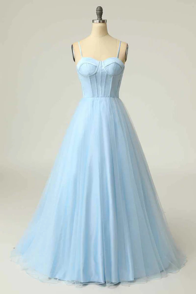 A-line Spaghetti Straps Tulle Long Prom Dress