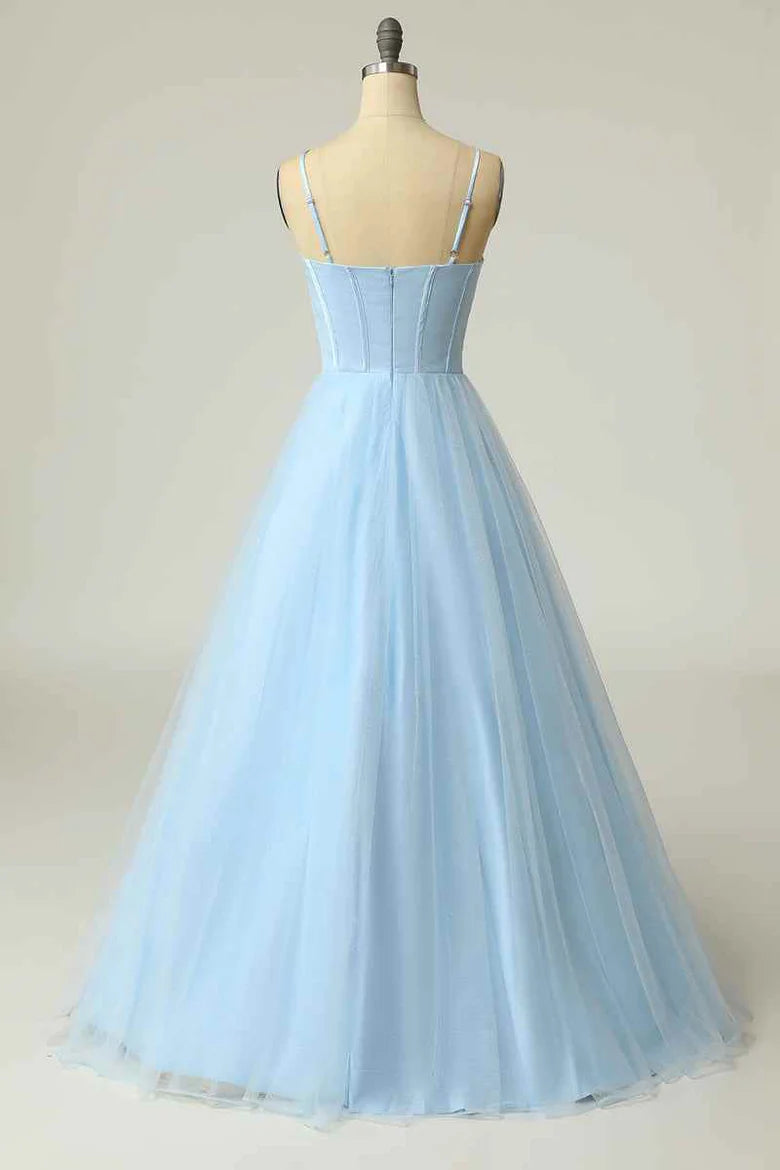 A-line Spaghetti Straps Tulle Long Prom Dress