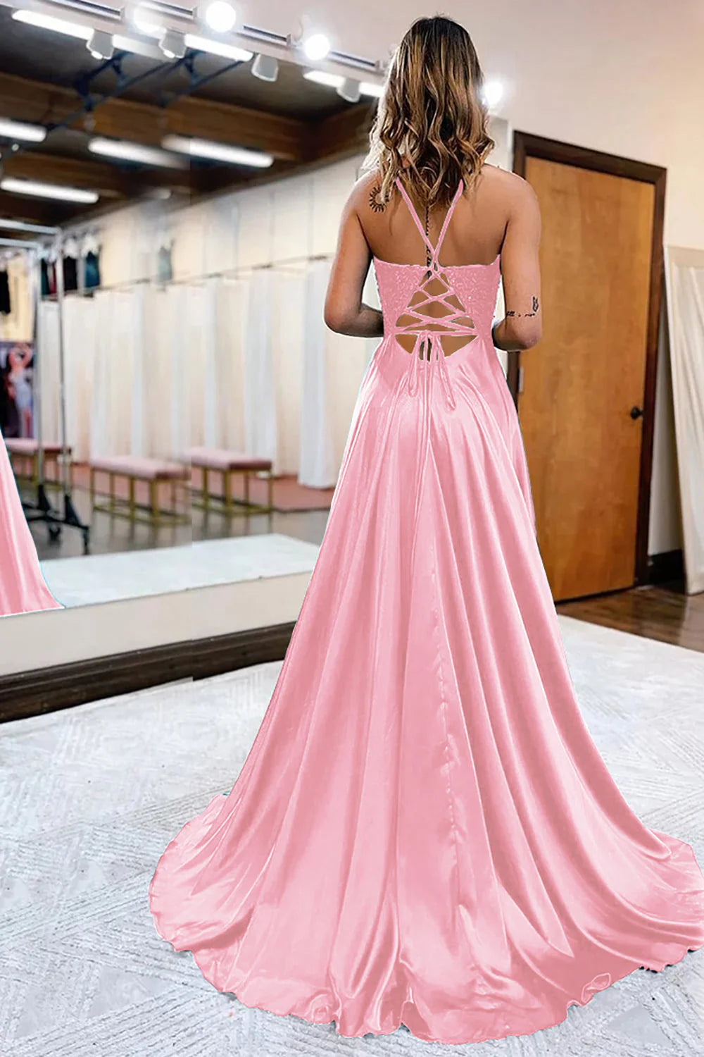 A-Line Appliques Satin Prom Dress with Slit