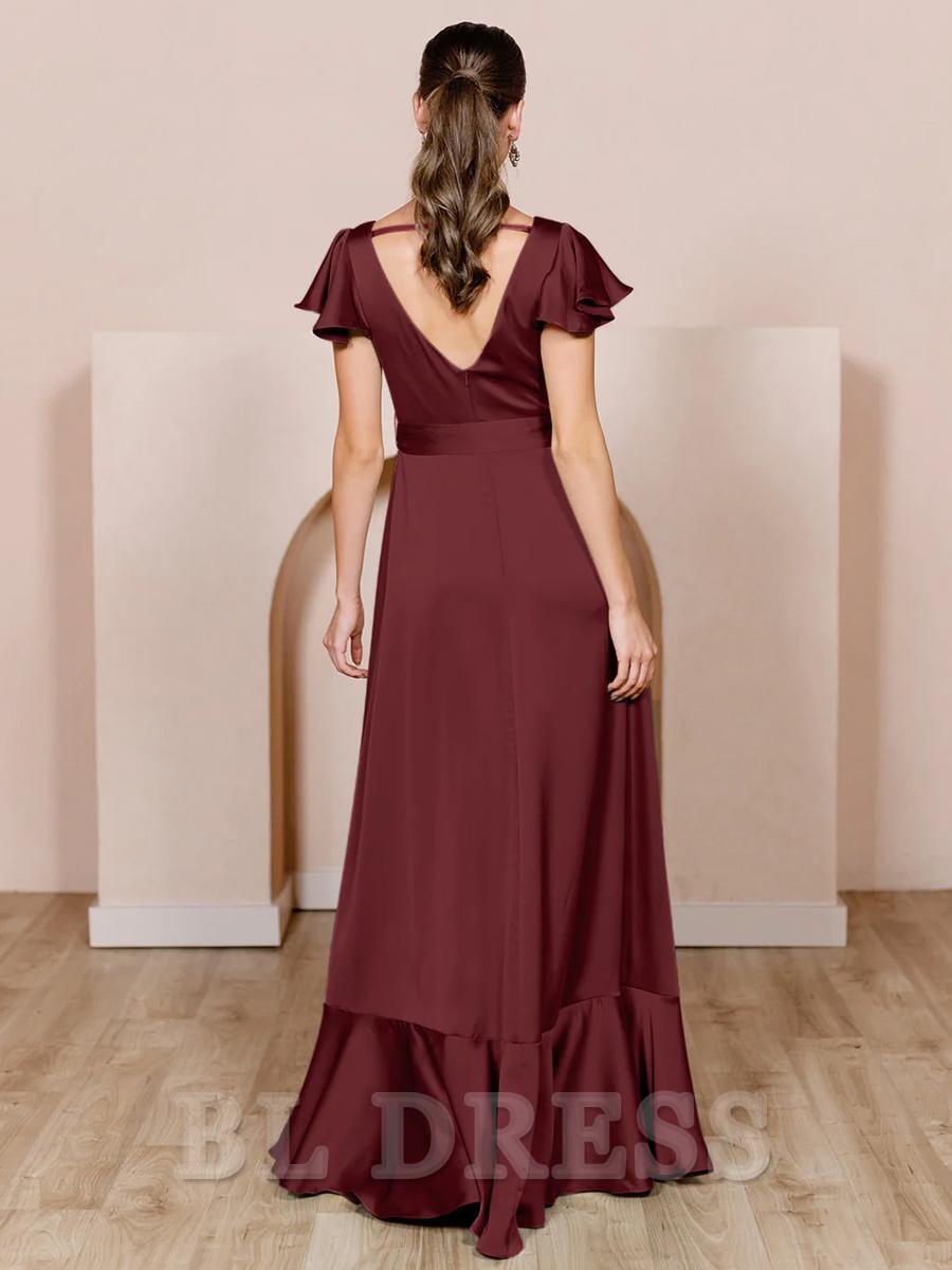 A-Line V-Neck Floor-Length Satin formal dresses Bridesmaid Dresses evening gown Prom Dress