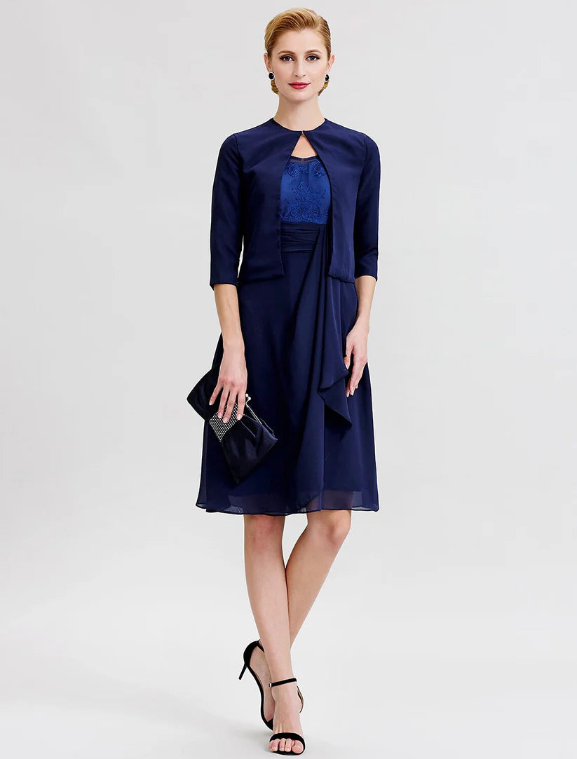 A-Line / Two Piece Jewel Neck Knee Length Chiffon / Corded Lace Mother of the Bride Dress with Sash