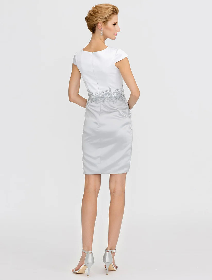 Sheath / Column Mother of the Bride Dress Formal Two Piece Jewel Neck Short / Mini Satin Short Sleeve yes with Lace Pleats