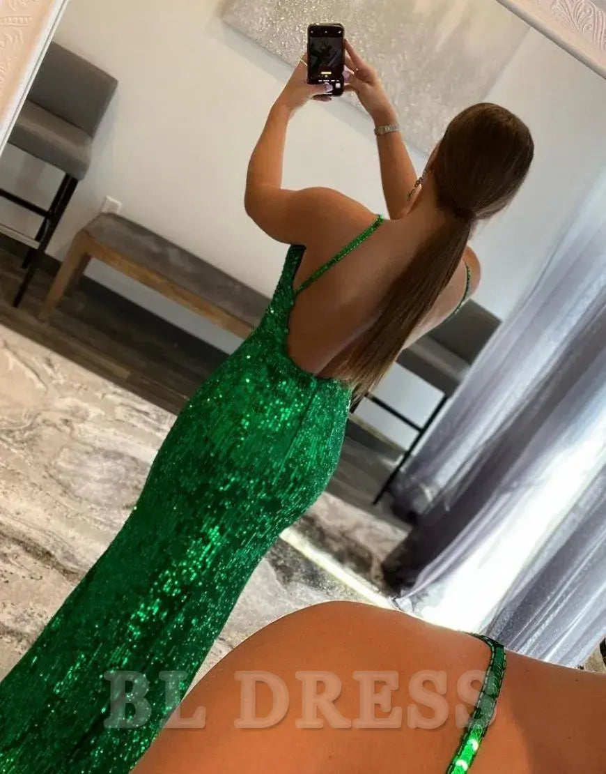 Mermaid Spaghetti straps Glitter Sequin formal dresses evening gown Prom Dress