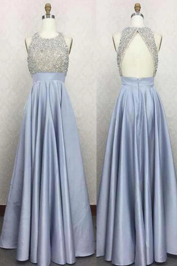 A-Line Top Beaded Open Back High Neck Floor Length Prom Dresses