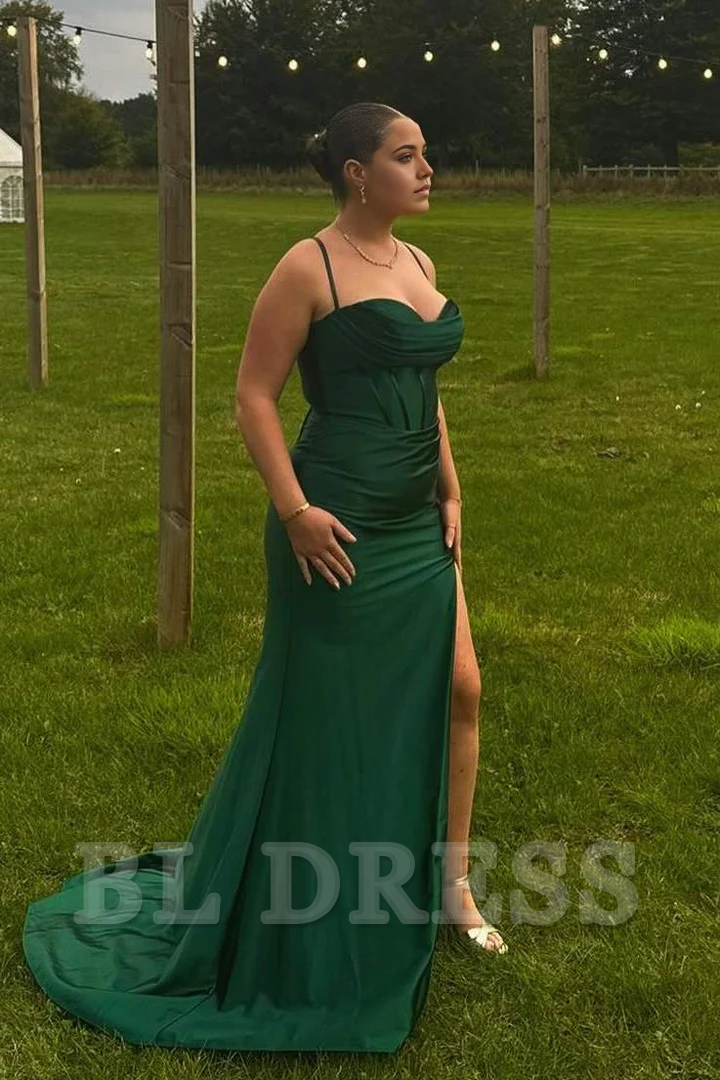 Mermaid Spaghetti Straps Pleated Satin Sleeveless Long formal dresses evening gown Prom Dress