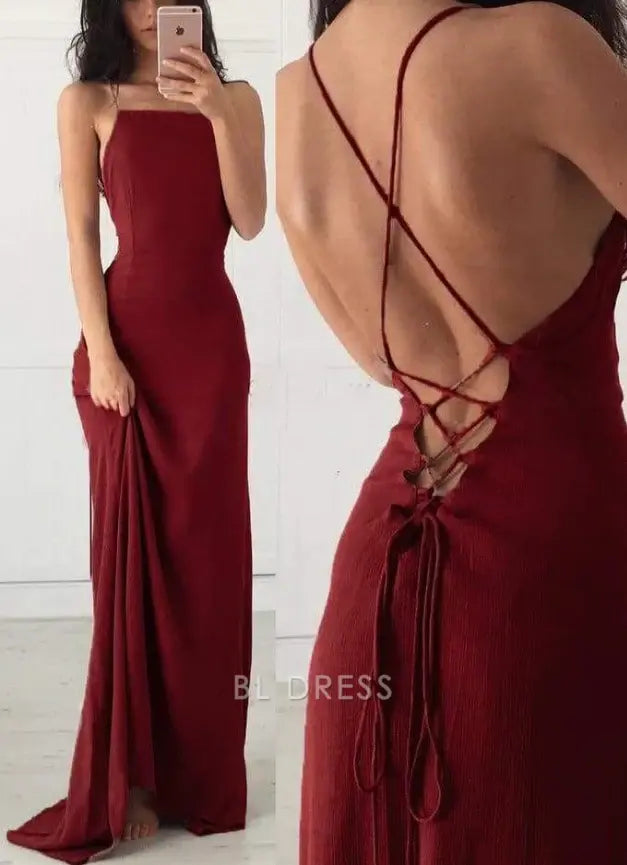 Sheath Spaghetti Straps Backless Sexy Burgundy Long formal dresses Bridesmaid Dresses evening gown Prom Dress