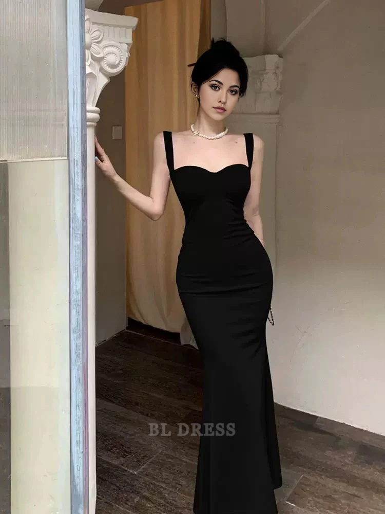 Mermaid Sweetheart Straps Black Satin Long formal dresses Bridesmaid Dresses evening gown Prom Dress