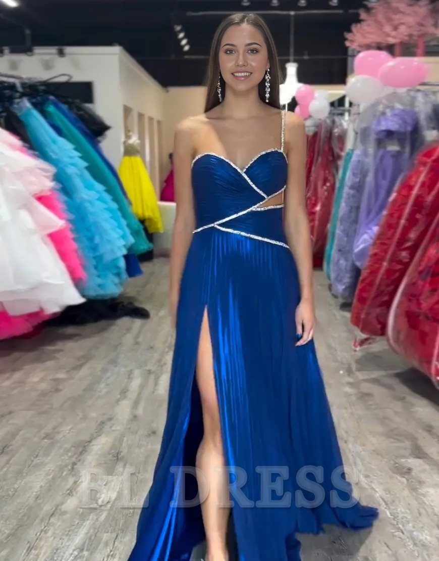 A-Line Spaghetti Strap Beaded Royal Blue Long formal dresses evening gown Prom Dress with Slit