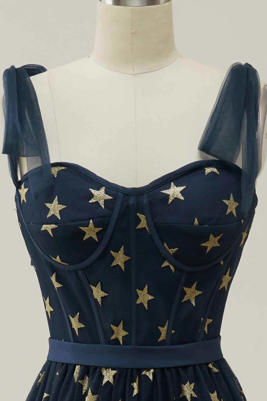 A-line Tied Strap Tulle Applique Knee Length Prom Dress