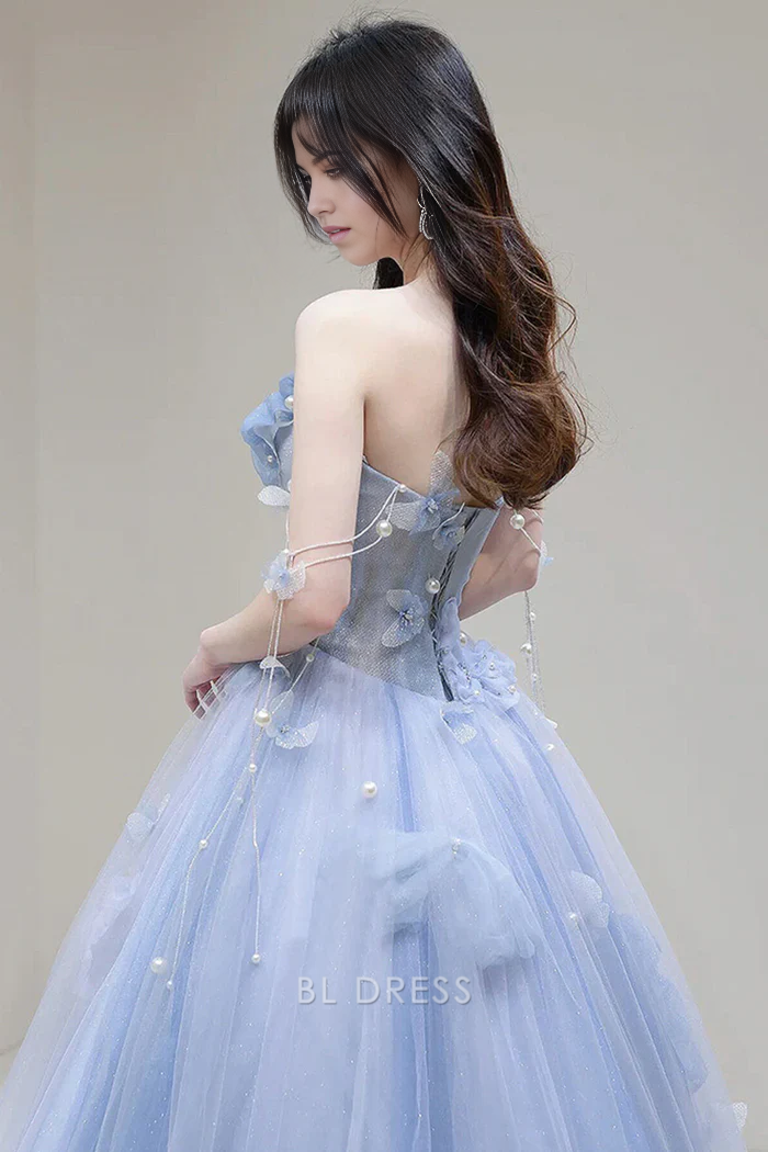 A-Line Strapless Blue Tulle Long formal dresses Bridesmaid Dresses evening gown Prom Dress