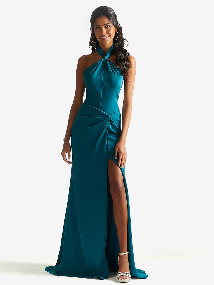 Sheath Halter Floor-Length Satin formal dresses evening gown Prom Dress With Side Slit