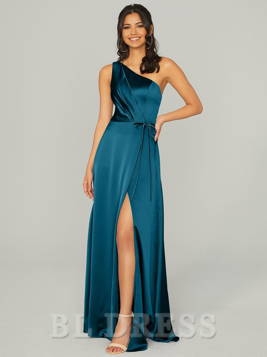 A-Line One Shoulder Floor-Length Satin formal dresses evening gown Prom Dress With Side Slit