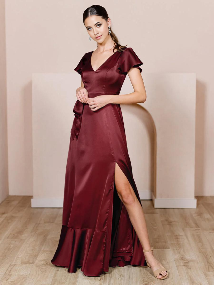 A-Line V-Neck Floor-Length Satin formal dresses Bridesmaid Dresses evening gown Prom Dress