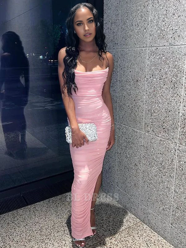 Mermaid Sleeveless Pink formal dresses Bridesmaid Dresses evening gown Prom Dress With Side Slit