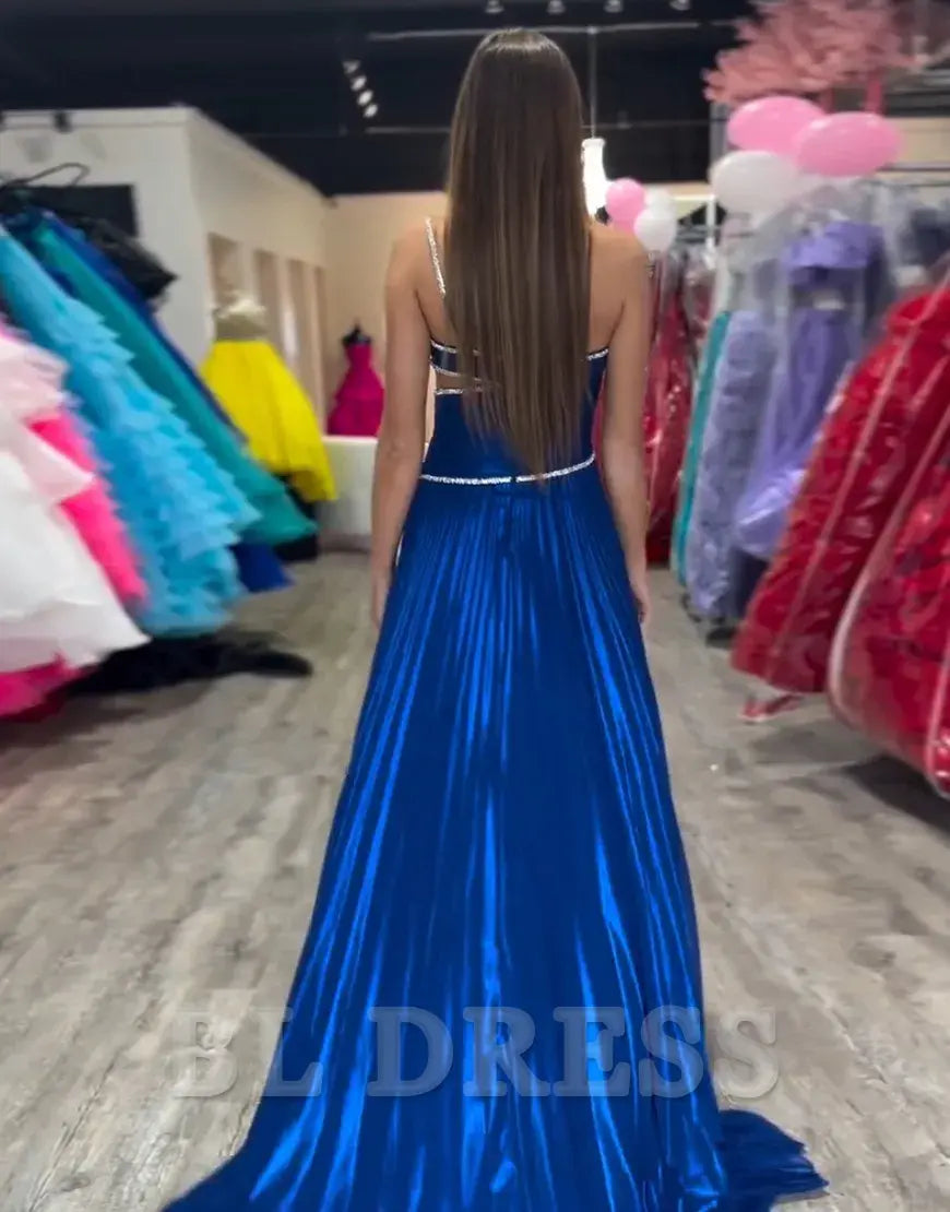 A-Line Spaghetti Strap Beaded Royal Blue Long formal dresses evening gown Prom Dress with Slit