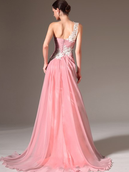 Pink One Shoulder Applique Pleated Chiffon Prom Dress With Train