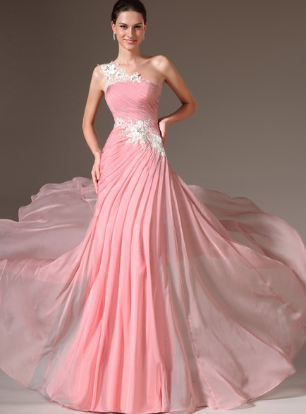 Pink One Shoulder Applique Pleated Chiffon Prom Dress With Train