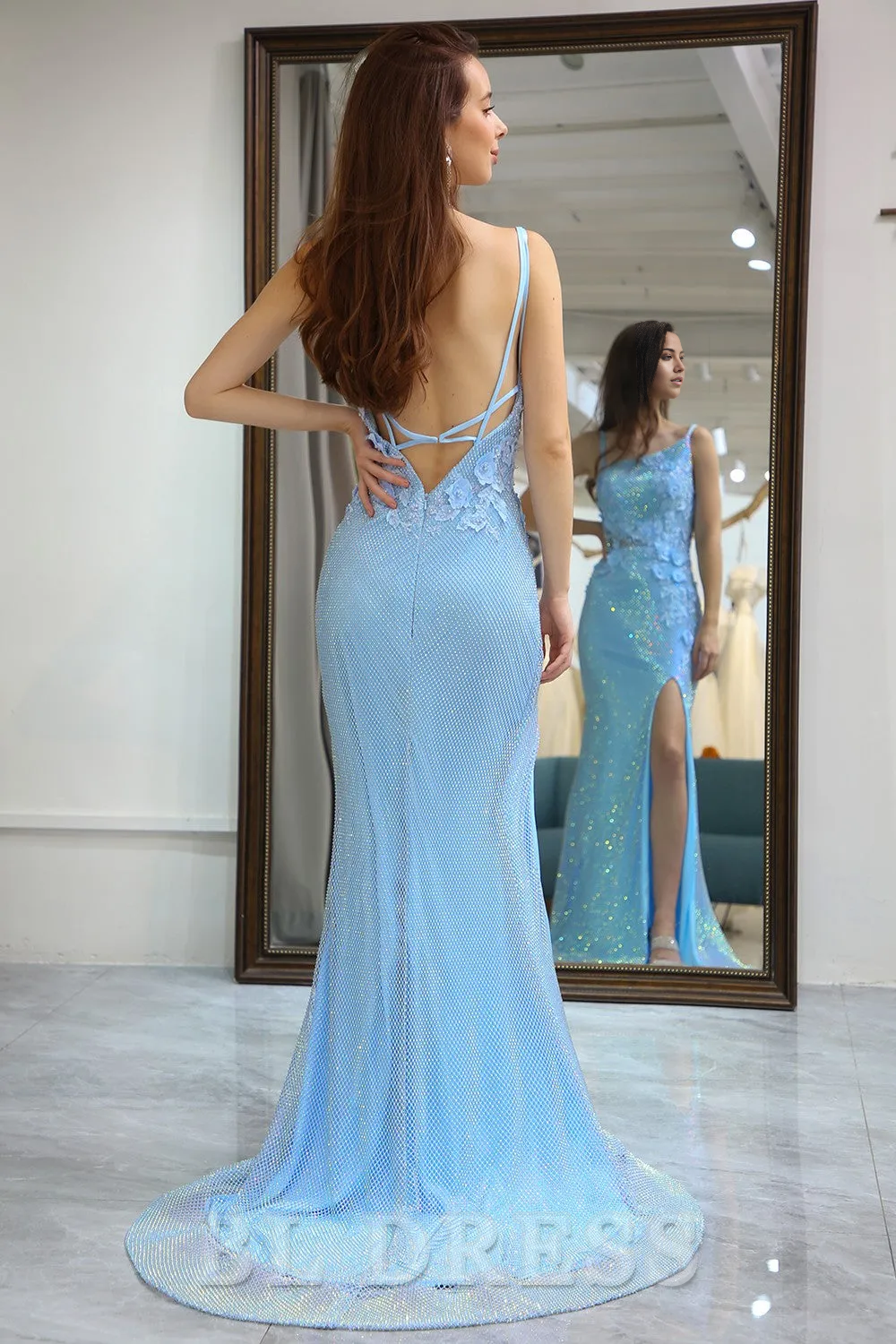 Mermaid One Shoulder Light Blue formal dresses evening gown Long Prom Dress with 3D Flowers