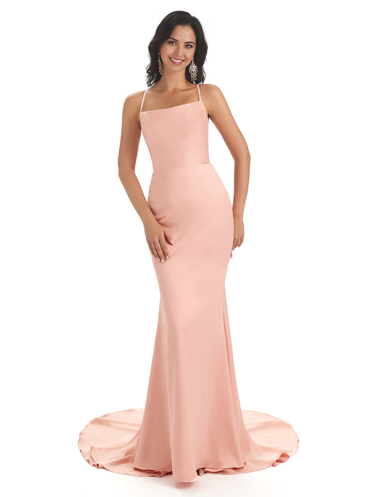 Meerjungfrau Spaghetti Rückenfrei Träger Satin Lange Abendkleider Abendkleid Brautjungfernkleider