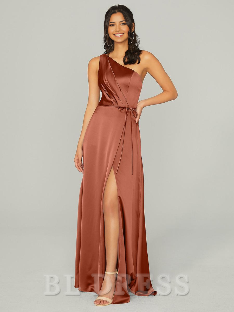 A-Line One Shoulder Floor-Length Satin formal dresses evening gown Prom Dress With Side Slit