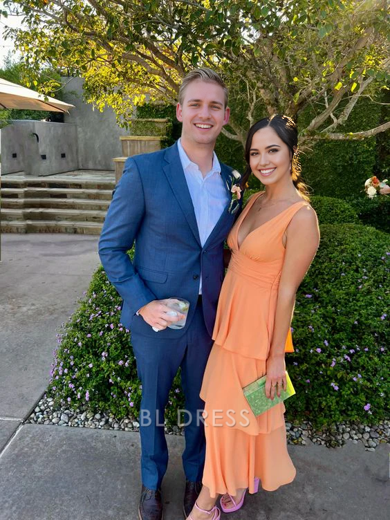 A-line Elegant V Neck Tiered Ruffle formal dresses Bridesmaid Dresses evening gown Prom Dress