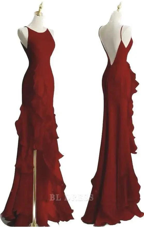 Sheath Boat Sleeveless Burgundy Long Chiffon formal dresses Bridesmaid Dresses evening gown Prom Dress