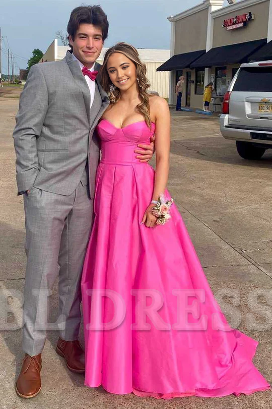 A-line Strapless Satin Sweeping Fuchsia Long formal dresses Bridesmaid Dresses evening gown Prom Dress