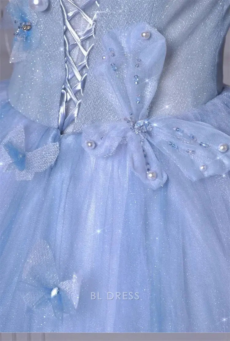 A-Line Strapless Blue Tulle Long formal dresses Bridesmaid Dresses evening gown Prom Dress