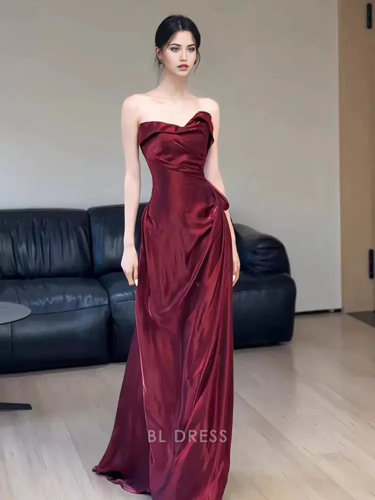 A Line Strapless Burgundy Long formal dresses Bridesmaid Dresses evening gown Prom Dress