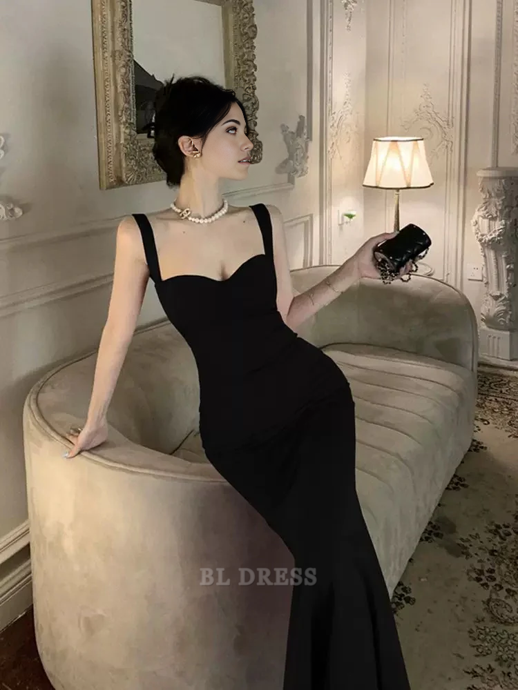 Mermaid Sweetheart Straps Black Satin Long formal dresses Bridesmaid Dresses evening gown Prom Dress