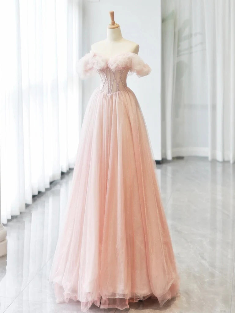 A-Line Sweetheart Neck Off Shoulder Tulle Long Prom Dress