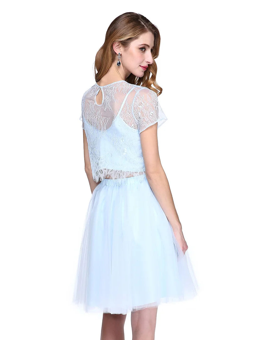 A-Line Two Piece Jewel Neck Knee Length Lace Tulle Short Sleeve No Prom Dresses with Lace